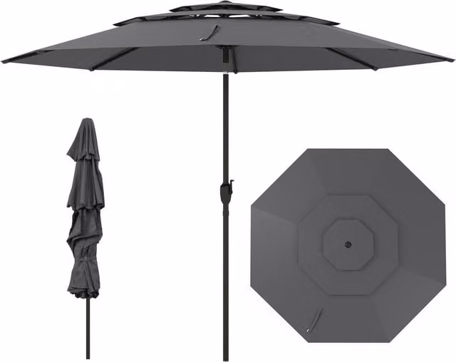 COSTWAY 3-tier Vented Market Patio Umbrella in Grey Polyester and Metal