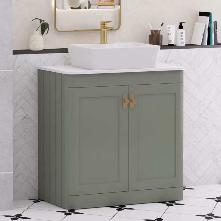 Royal Bathrooms Henley 800mm Sage Green Floor Standing 2 Door Vanity Unit with White Worktop and Cube Basin