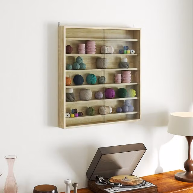 HOMCOM Wall Mounted Display Shelf Cabinet with Glass Doors in Oak and Brown