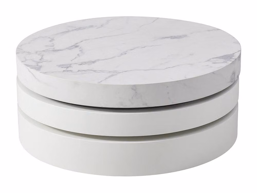 Vente-unique Round Swivel Coffee Table with Niche in White Marble Effect MDF, W: 80 cm, D: 80 cm, H: 50 cm – 2