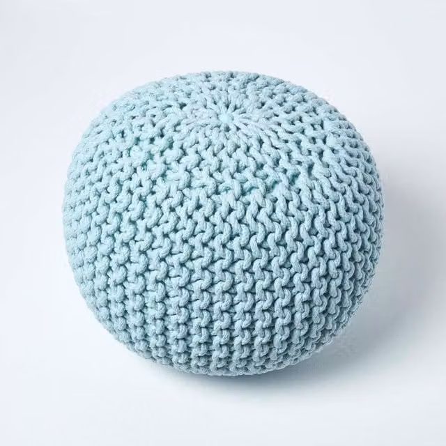 Homescapes Round Cotton Knitted Pouffe in Blue, Diameter: 40 cm