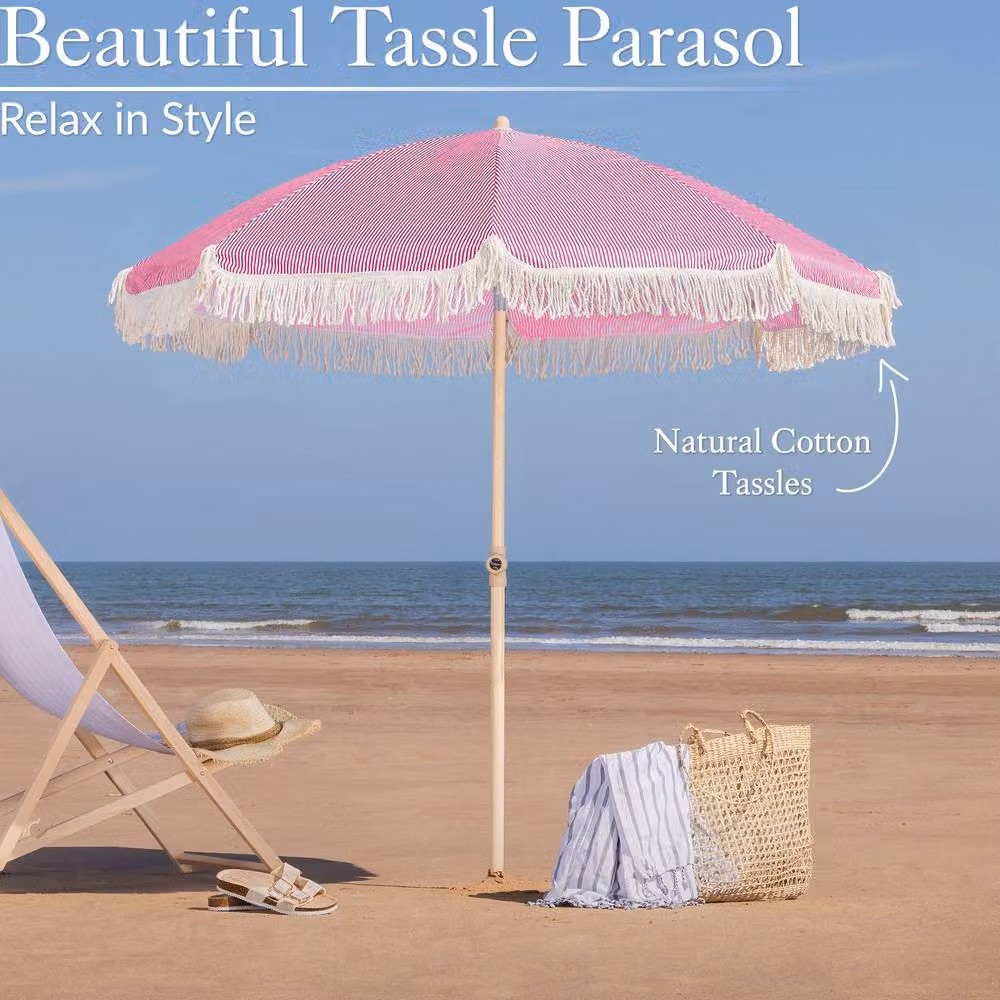 Christow Portable Pink Tassel Beach and Garden Parasol with UV50+ Protection, Diameter: 200 cm – 2
