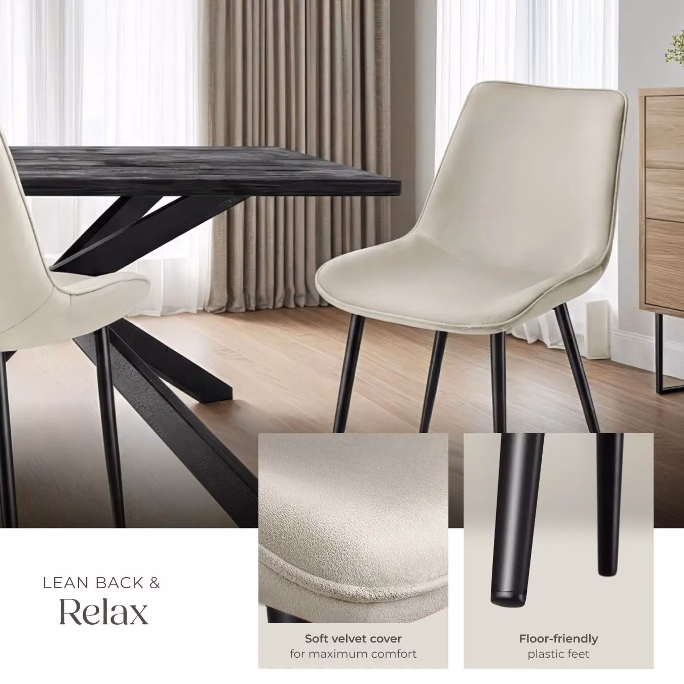 tectake Monroe Dining Chair Set of 2 in Beige Velvet Fabric – 3