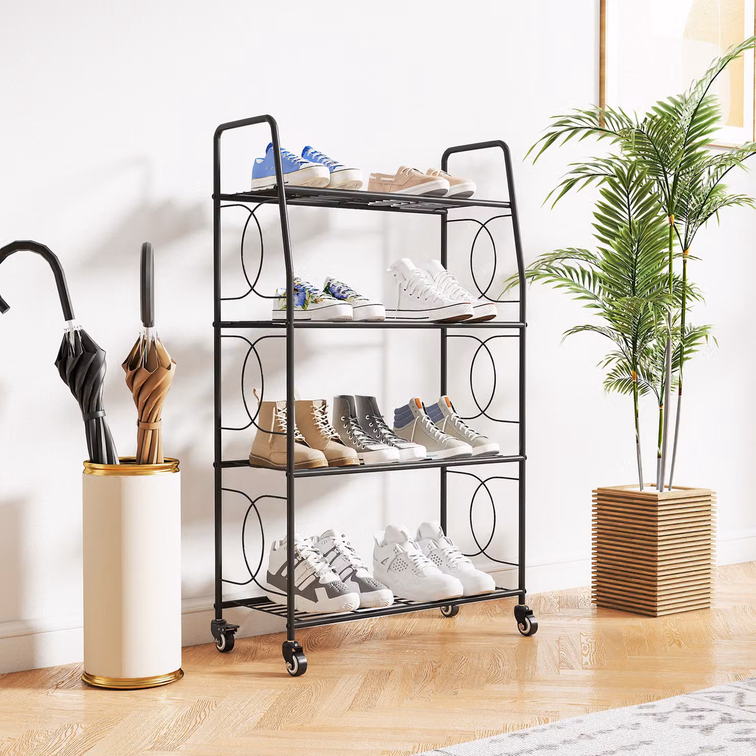 Outsunny 4-Tier Black Metal Ladder Plant Stand with Lockable Wheels – 6
