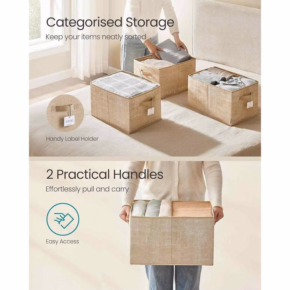 The Bazaarist Set of 3 Foldable Fabric Storage Boxes with Handles and Label Holders in Beige Sand – 3
