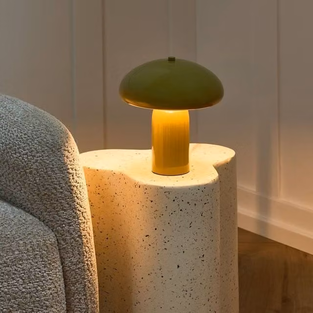 Wyld and Coco Mushroom Dome Table Lamp in Olive Green with Gold/Brass Accents, Height: 22 cm