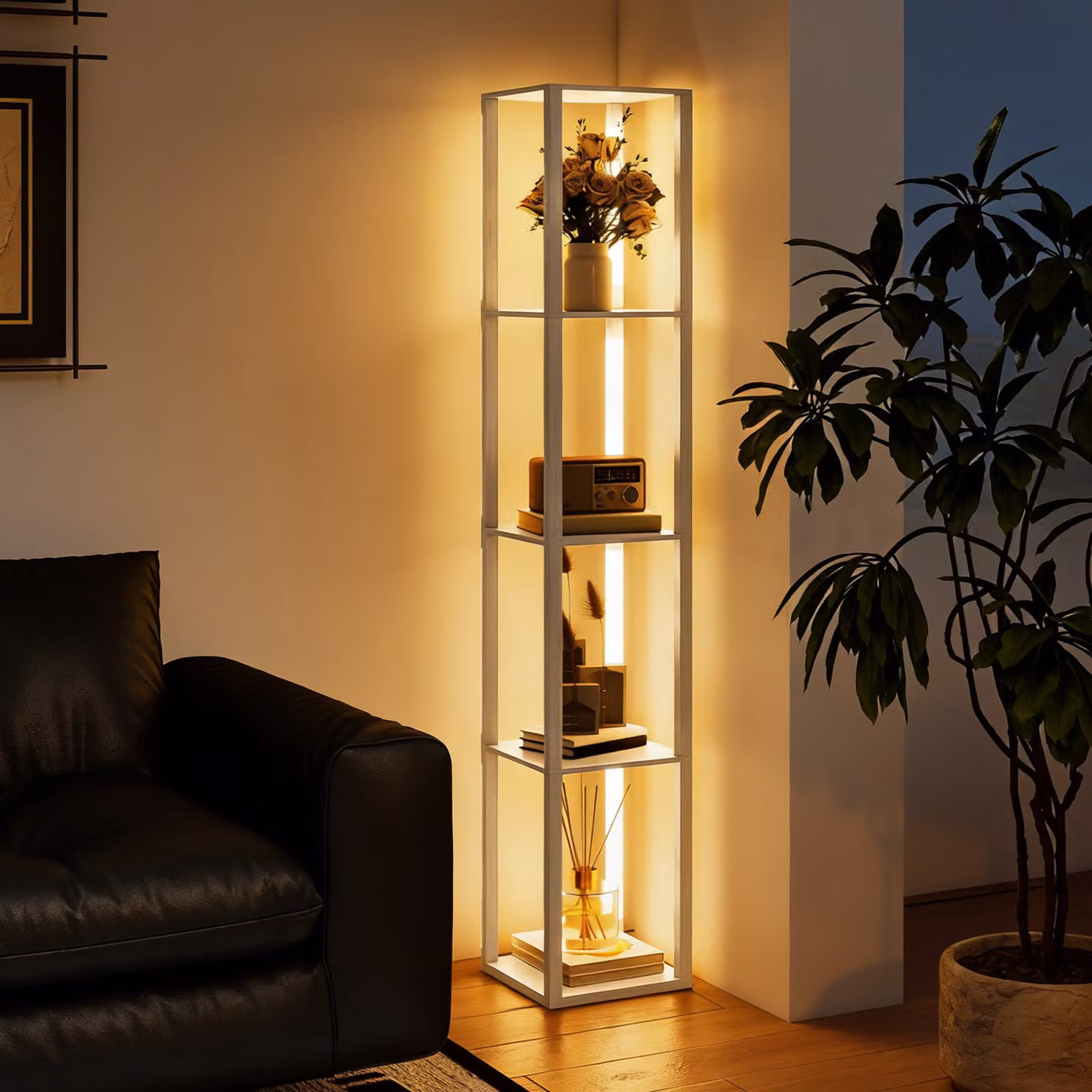 HOMCOM Modern LED Floor Lamp with Shelves and Warm White Light in White and Wood Finish – 4