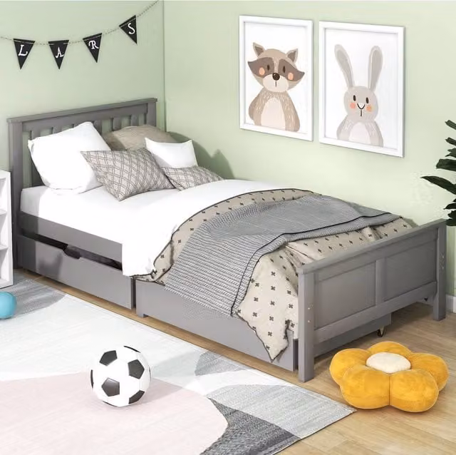 BTM Solid Pine Wood Bed Frame with Storage Drawers in Grey and White, W/D/H: 90 x 200 cm – 1