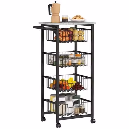 HOMCOM 4-Tier Kitchen Trolley with Marble-Effect Top and Castors, Light Grey, W/D/H: 91 x 49.5 x 31 cm