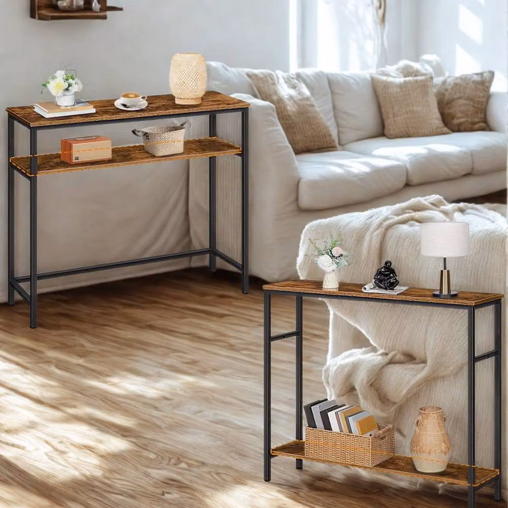 FURNOS 2 Tier Slim Hallway Console Table with Adjustable Shelves, Brown, W/D/H: 80 x 24 x 80 cm – 4