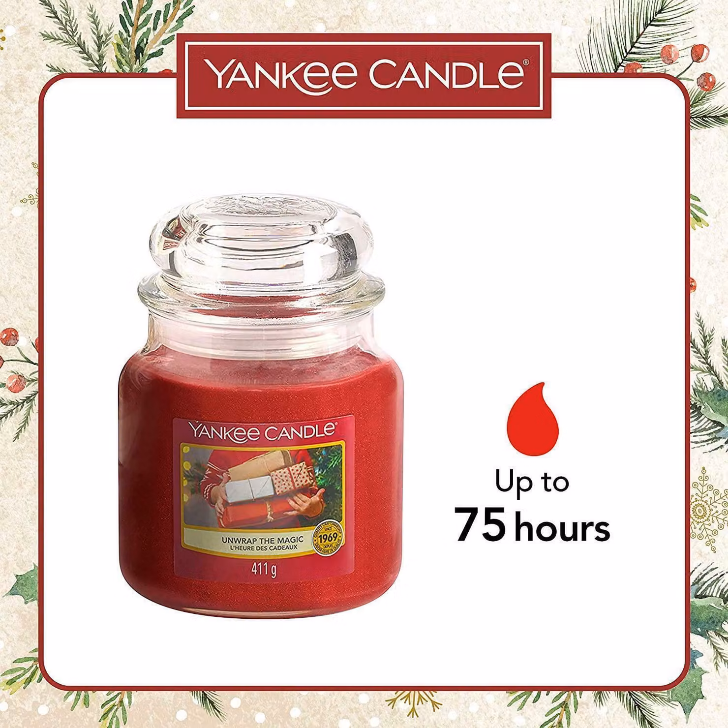 Yankee Candle Christmas Scented Unwrap the Magic Jar, Red, 75 g – 2