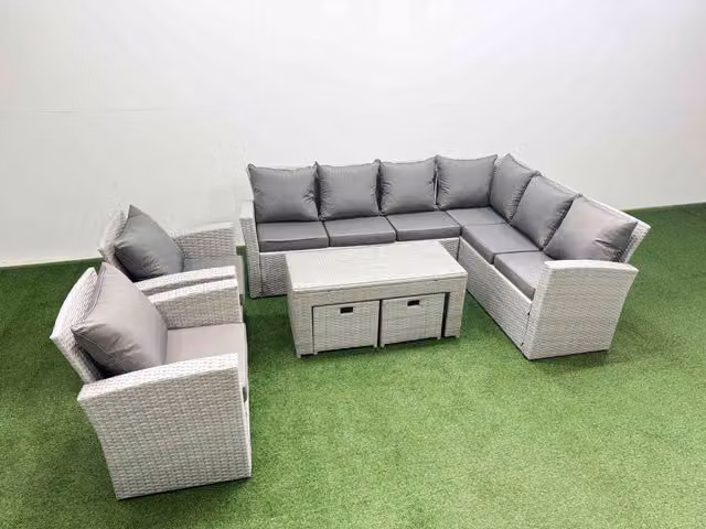 Fimous 7 Piece Rattan Outdoor Furniture Set with Sofa, Coffee Table and 2 Chairs in Light Grey