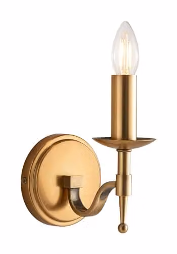 Netlighting Stanford Antique Brass Single Wall Light with Transparent Glass Cylinder and E14 Bulb in Gold – 1