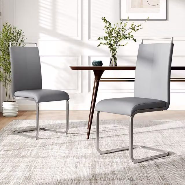 Komore Set of 2 Minimalist Grey Synthetic Leather Dining Chairs with Matt Metal Cantilever Base
