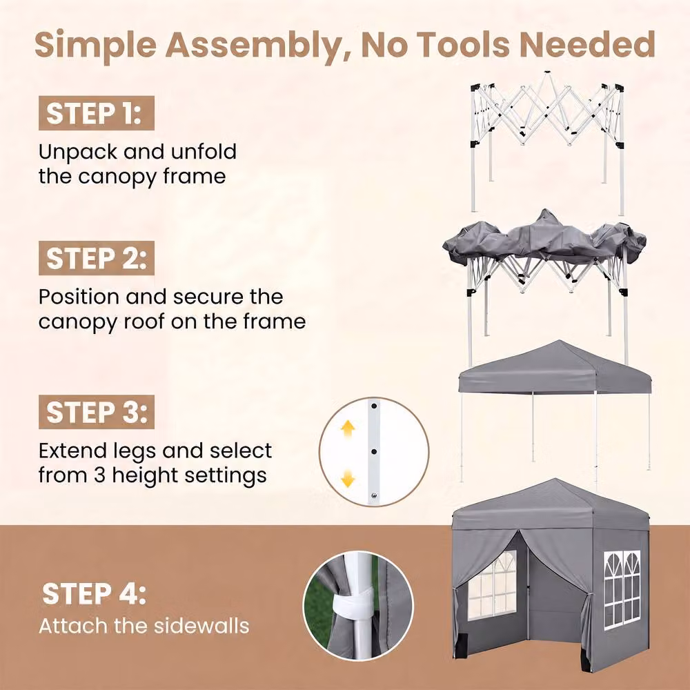 Gymax Grey Pop Up Camping Tent Sunshade Shelter with 4 Sidewalls and Windows, W/D/H: 194 x 194 x 236 cm – 6
