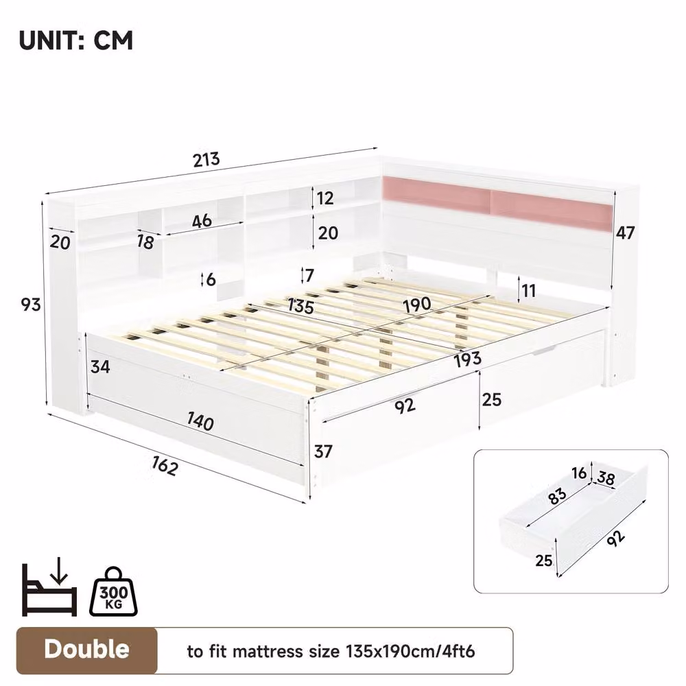 BTM White Solid Wood Double Daybed with Storage Drawers, LED Under-Bed Lighting and USB Charging Ports, W/D/H: 140 x 200 x 162 cm – 3