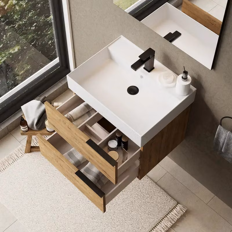 Banyetti Celtic 600mm Wall Hung Bathroom Vanity Unit with Veneto 1 Tap Hole Basin in Ostippo Light Oak, W: 60 cm, D: 45 cm, H: 48 cm – 3