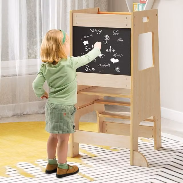 Costway Kids Kitchen Step Stool with Chalkboard in Natural Wood