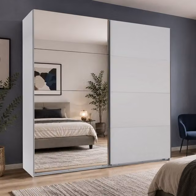 Ernie 2 Door Mirrored Sliding Wardrobe in Matt White, Width: 225 cm