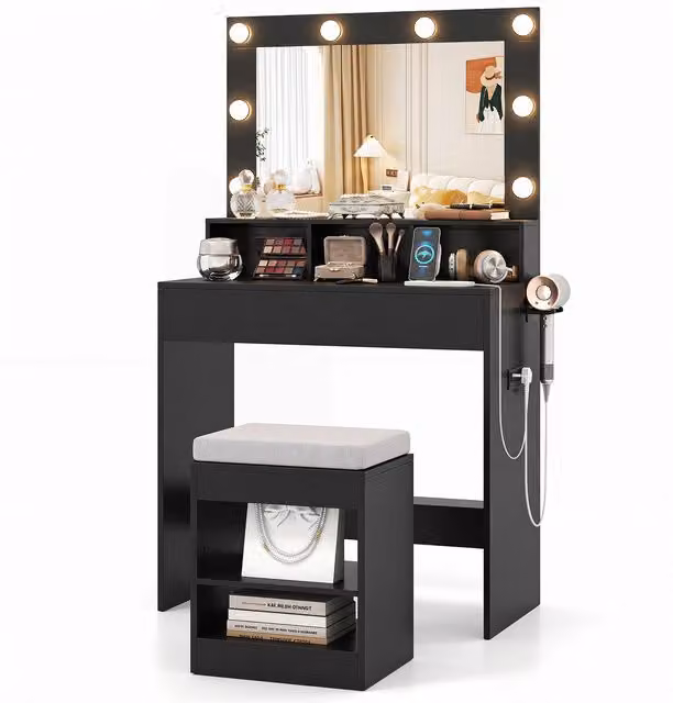 COSTWAY Modern Black Makeup Vanity Desk Set with Hollywood LED Mirror