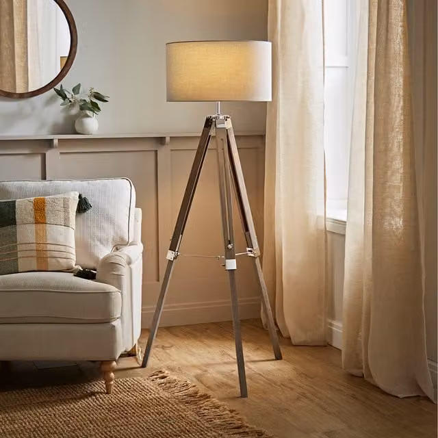 ValueLights Clipper Tripod Floor Lamp with Grey Fabric Drum Shade