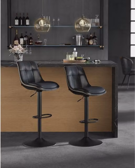 The Bazaarist Set of 2 Adjustable Quilted PU Leather Bar Stools in Ink Black