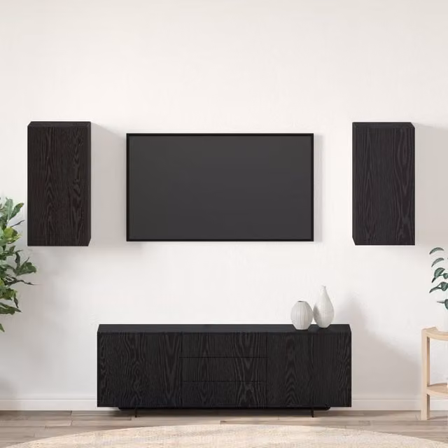 Berkfield Home Modern Wall-Mounted TV Unit Set with Storage Shelves and Hinged Doors in Black Oak Finish – 1
