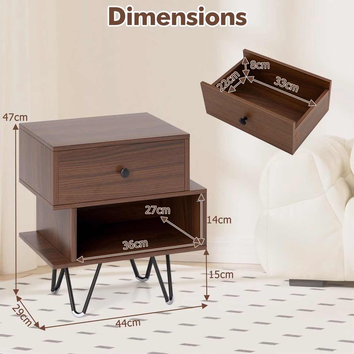 Gymax Set of 2 Mid-Century Walnut Nightstands with Removable Drawers and Metal Legs – 3