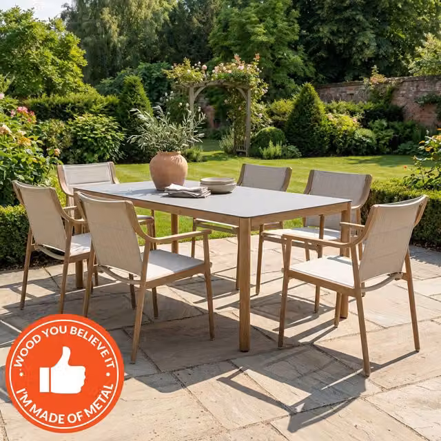 Newmarket 6 Seater Modern Garden Dining Set with Rectangular Glass Top and Powder Coated Aluminium Frame