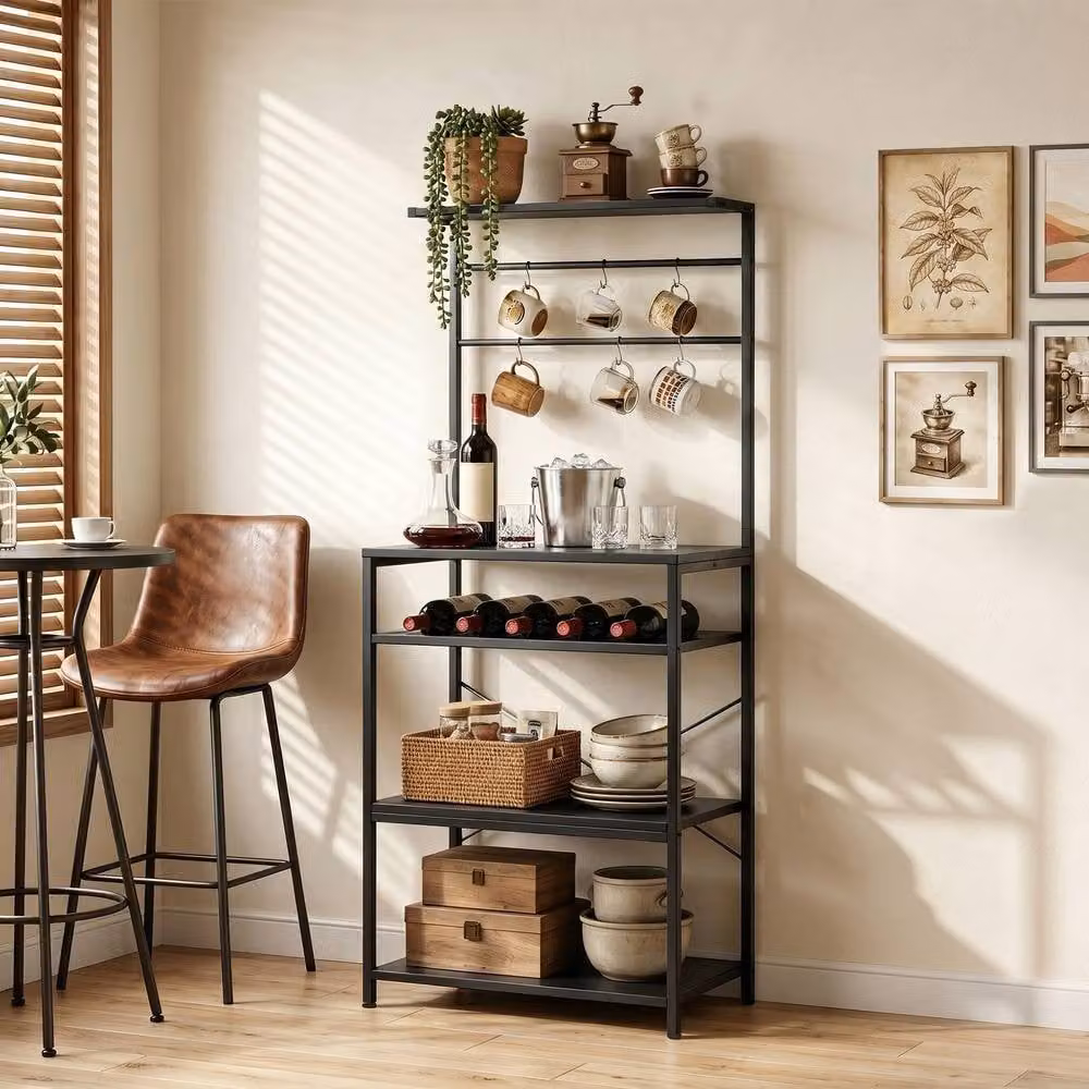 STILVORA Black Metal Storage Shelf with Wine Rack and 6 Hooks – 3