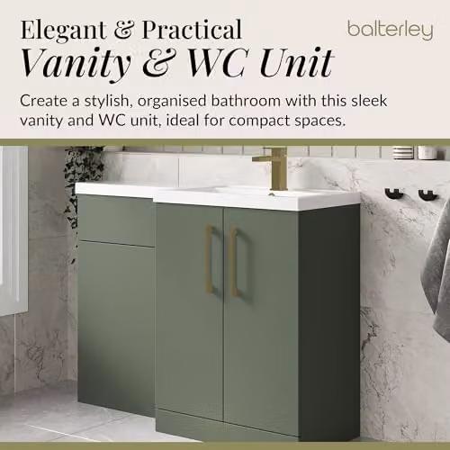 Balterley L-Shaped Vanity Unit and WC Unit with Basin and Worktop, Green, Floor Standing with 2 Soft Close Doors and Brushed Brass D Shape Handles, Right Hand Configuration – 3