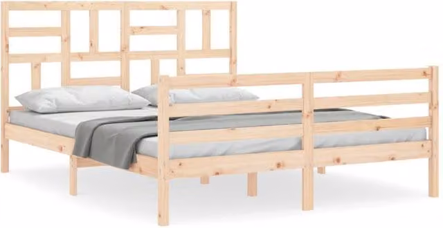 Berkfield Home Solid Pine Bed Frame with Headboard in Beige, 160 x 200 cm