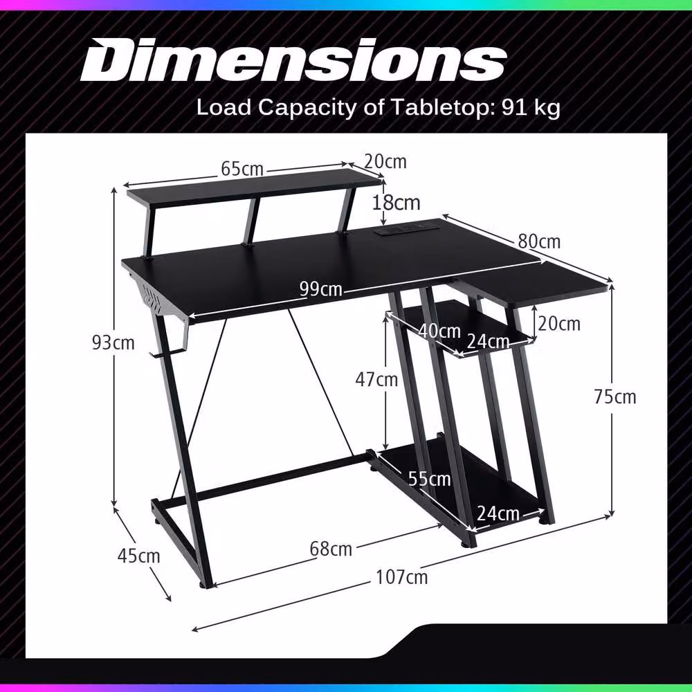 Costway L-Shaped Gaming Desk with Monitor Shelf and Outlets in Black – 2