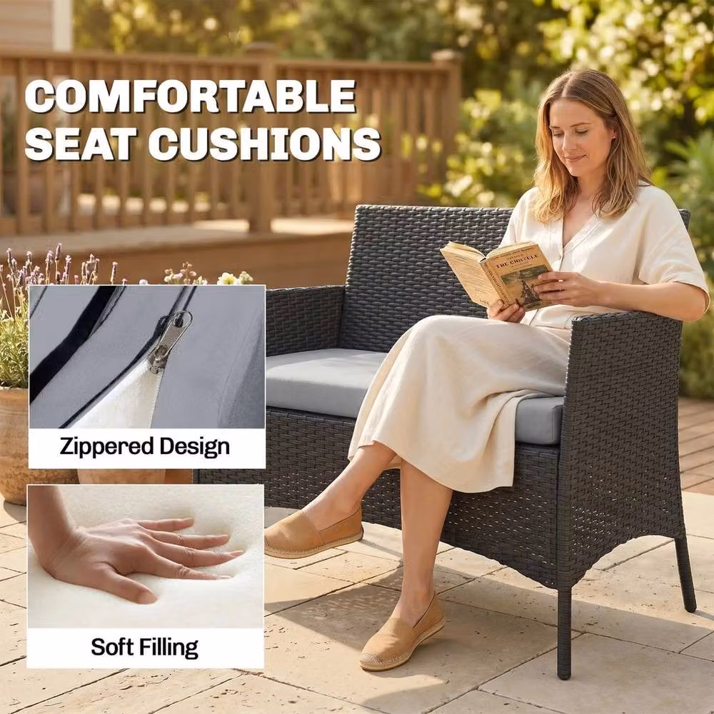 NESTLUNE 4 Piece Black Polyrattan Garden Furniture Set with Upholstered Cushions – 4