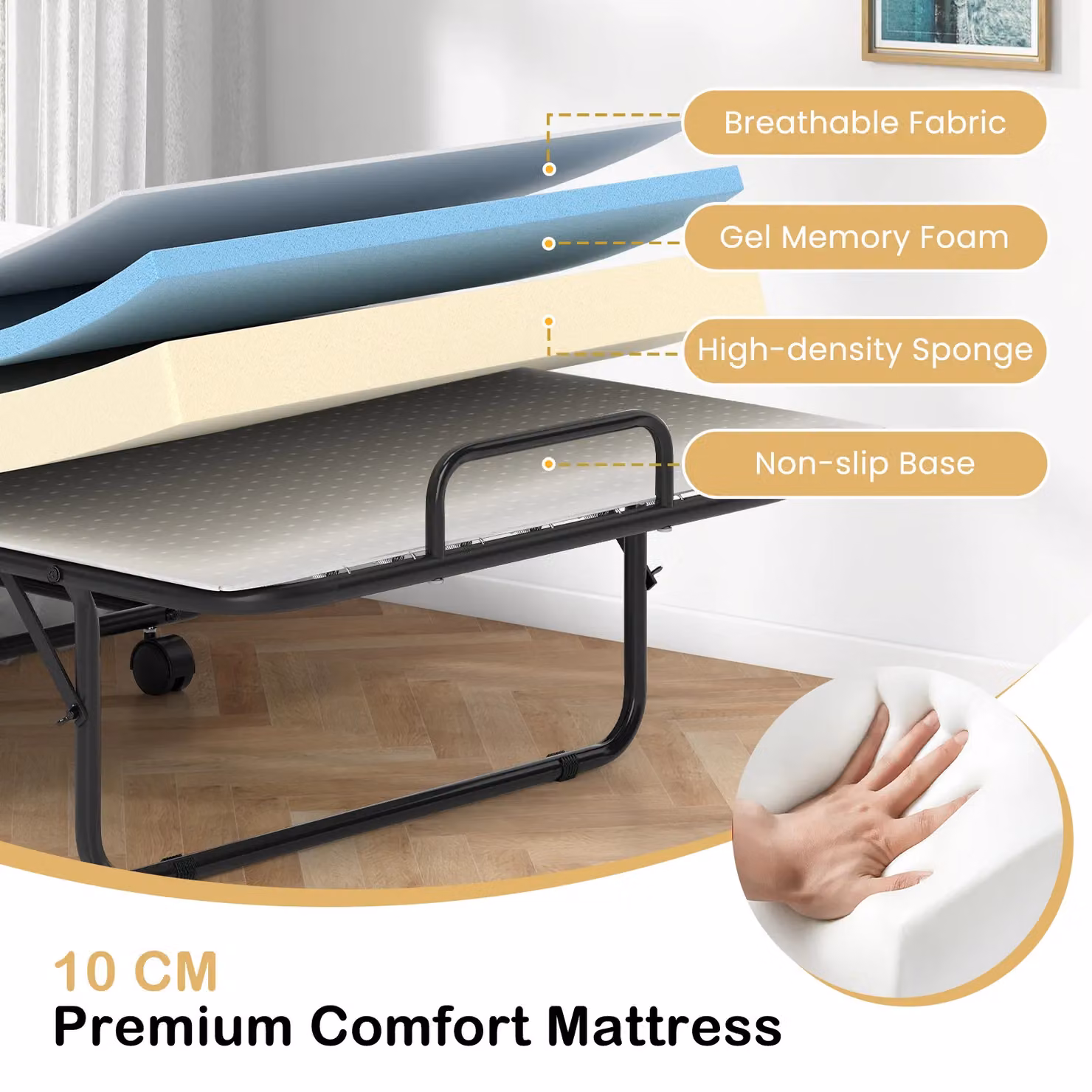 Gymax Rollaway Guest Bed with Memory Foam Mattress and Metal Frame, White, 80 x 190 cm – 5