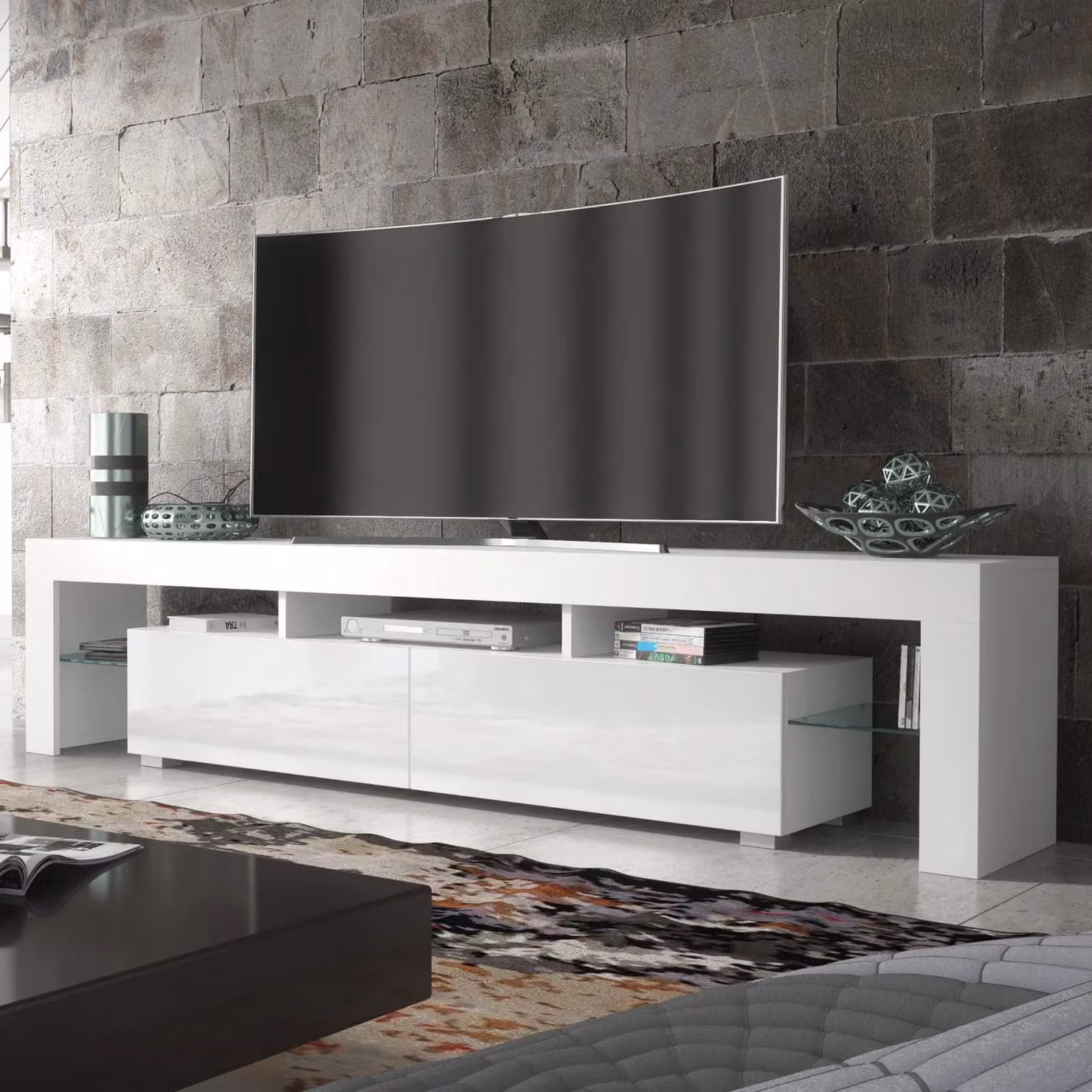 Creative Furniture Modern White High Gloss TV Unit W: 200 cm, D: 35 cm, H: 45 cm – 3
