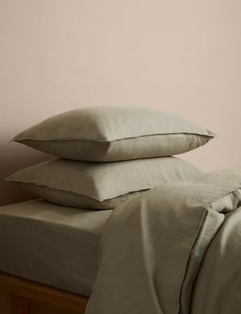 M&S Pure Linen Breathable Duvet Cover, Green, W: 180 cm, H: 200 cm