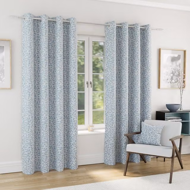 Enhanced Living Ice Blue Blackout Jacquard Leaf Eyelet Curtains, Thermal Insulating, Width: 183 cm, Height: 229 cm