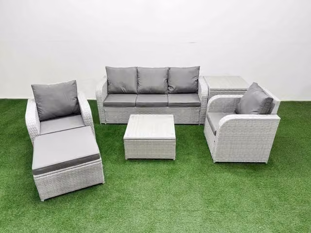 Fimous PE Rattan Garden Furniture Set in Light Grey with 3-Seater Sofa, Reclining Armchairs, Coffee Table and Ottoman