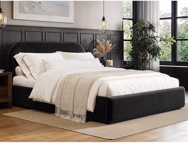 Flair Modern Black Velvet Upholstered Ottoman Bed with Lift Up Base, W/D/H: 140 x 200 cm