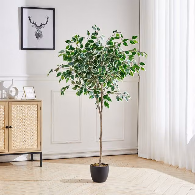 Livingandhome Artificial Potted Tree in Black Plastic Pot, Green, Height: 180 cm