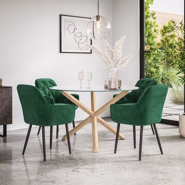 More4Homes Malvern Round Dining Table and Anika Green Velvet Chair Set, Clear Glass Top with Solid Oak Legs, Set of 4