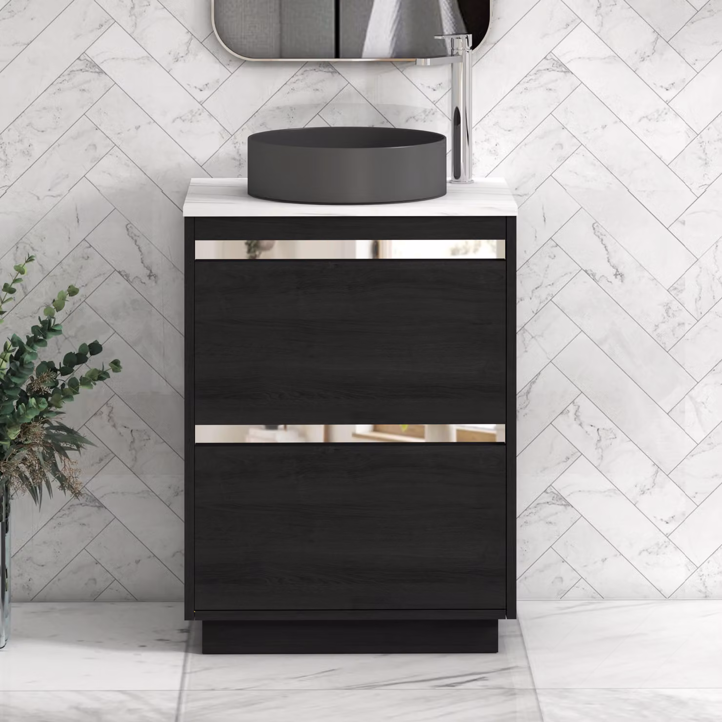 Royal Bathrooms Orion 800mm Hale Black Floor Standing Vanity Unit with Carrara White Countertop, 2 Drawers and Art Round Basin
