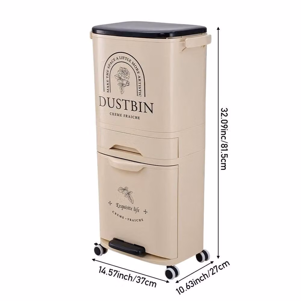 FORGEVIO Beige Large Capacity Mobile Recycling Bin with Drawer and Removable Inner Bucket – 3
