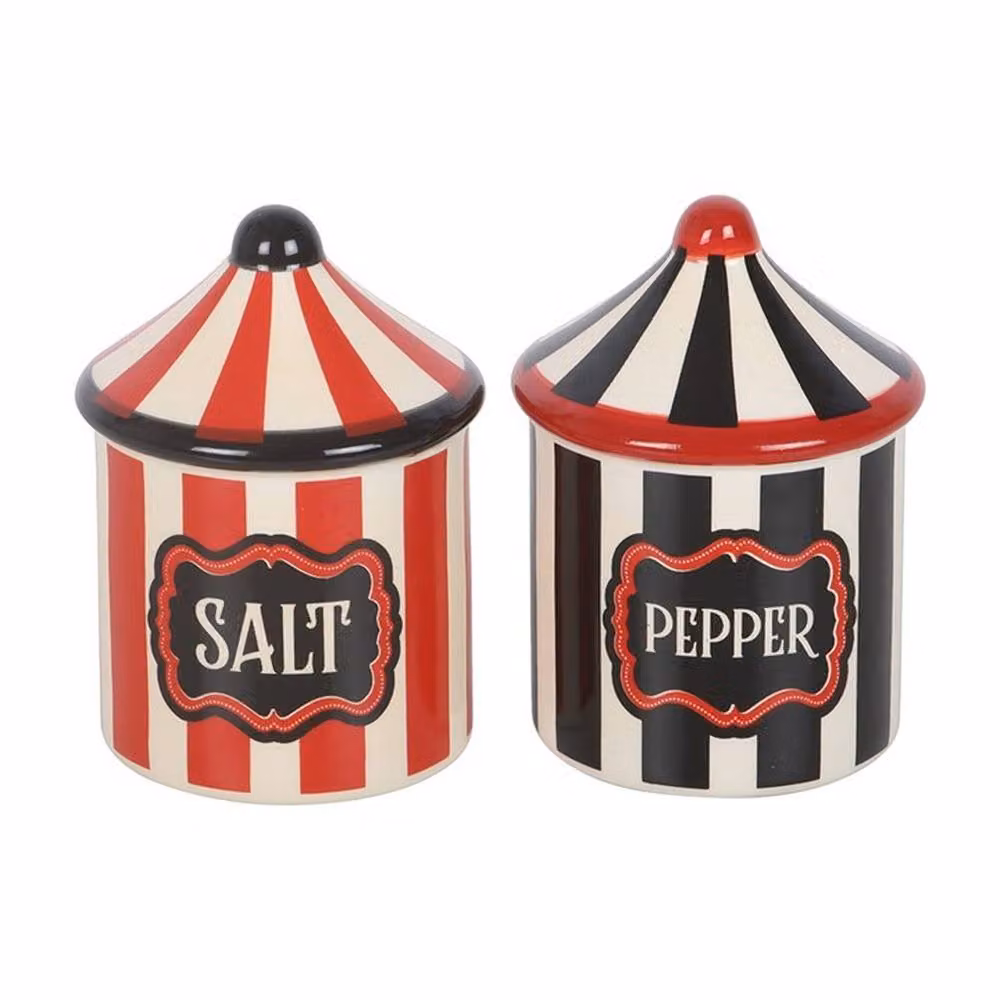 Uniqueful Circus Tent Salt and Pepper Shaker Set, Multicolour Striped Ceramic – 2