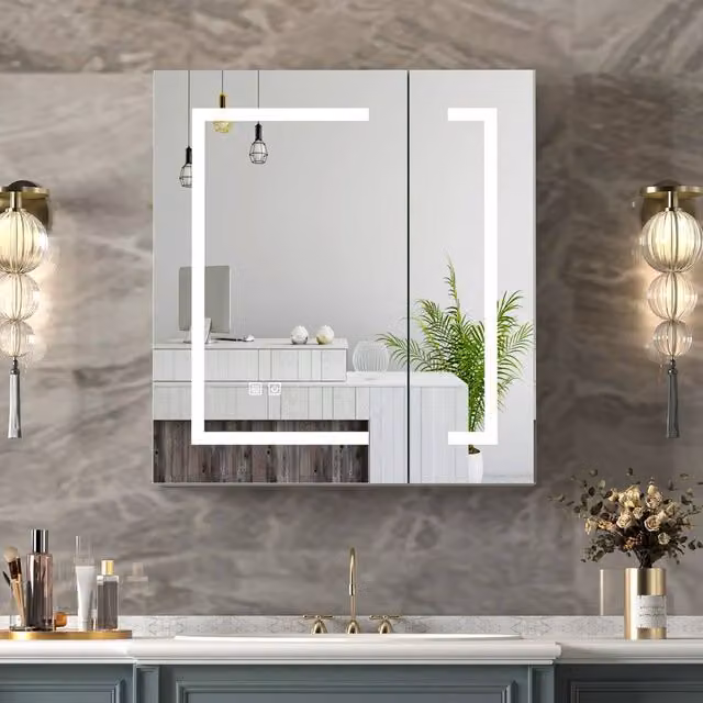 KEEPREAPER White Modern Bathroom Mirror Cabinet with LED Lighting and Anti-Fog Defogger, W: 60 cm, H: 65 cm – 1
