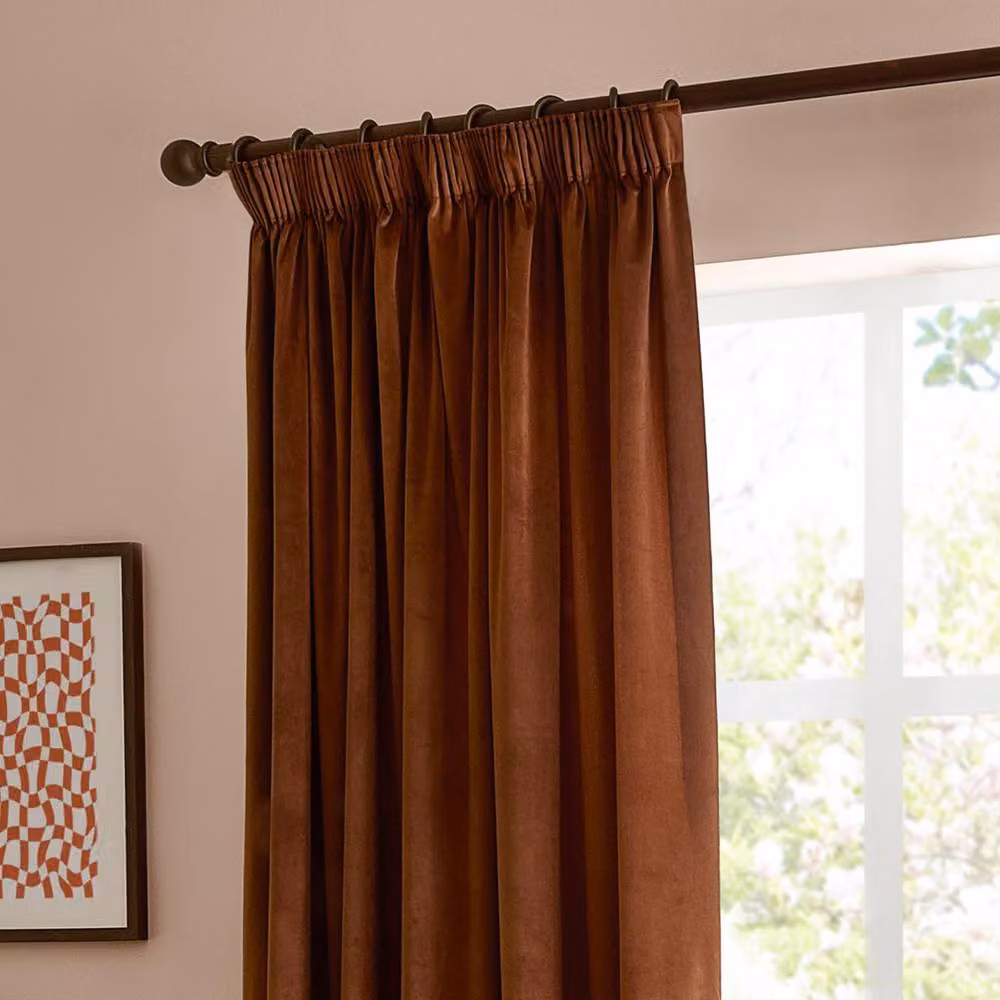 Furn Velvet Room Darkening Pencil Pleat Curtain Pair in Terracotta, Width: 229 cm, Drop: 137 cm – 3