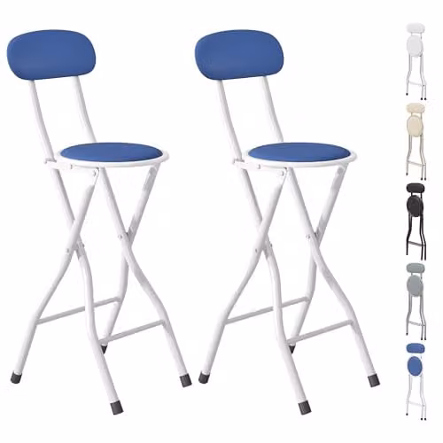 MCC Direct Set of 2 Folding Breakfast Bar Stools with Padded Synthetic Leather and Metal Frame in Blue and White