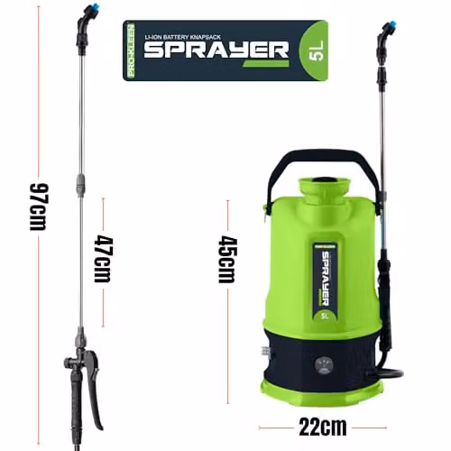 Pro-Kleen Cordless Battery Powered Knapsack Sprayer, 5L Green and Black Backpack Sprayer with 12V Rechargeable Battery, 80 PSI, 2 Nozzles and 38.1 inch Telescopic Wand for Garden and Lawn Care – 2