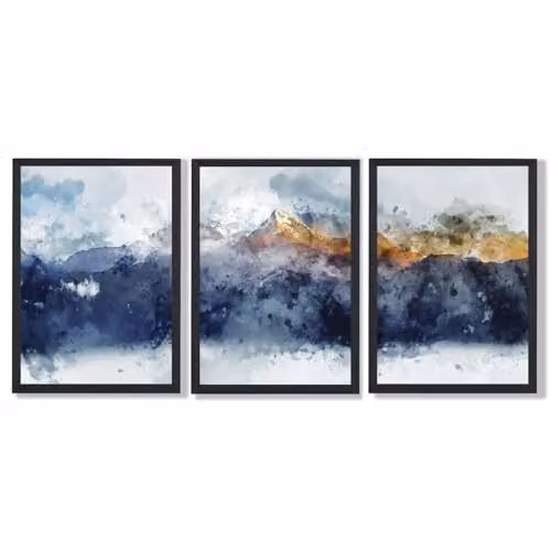 ARTZE Set of 3 Abstract Navy and Yellow Mountain Landscape Wall Art in Black Frames, W: 33 cm, H: 45 cm, D: 2 cm